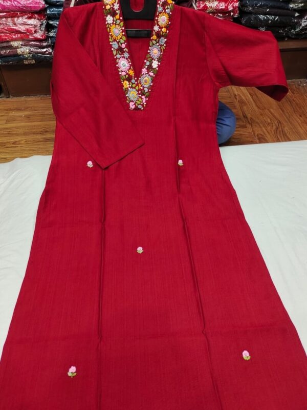 Premium Vetikan Silk Kurti with Delicate Kantha work with collar